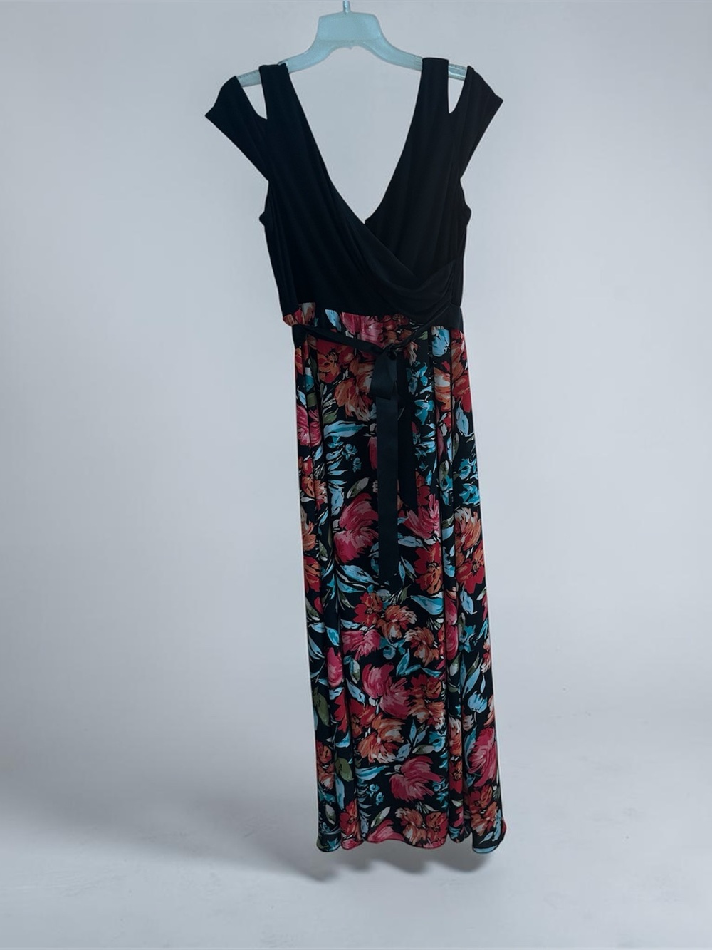 SLNY Black Bodice Floral Maxi Dress with Pink and Teal Accents
